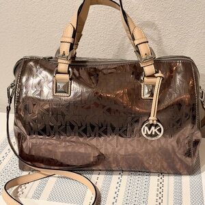 Michael Kors Metallic Rose/Bronze Gold Satchel with Tan Trim